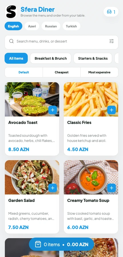 Sfera Appétit mobil QR menyusu