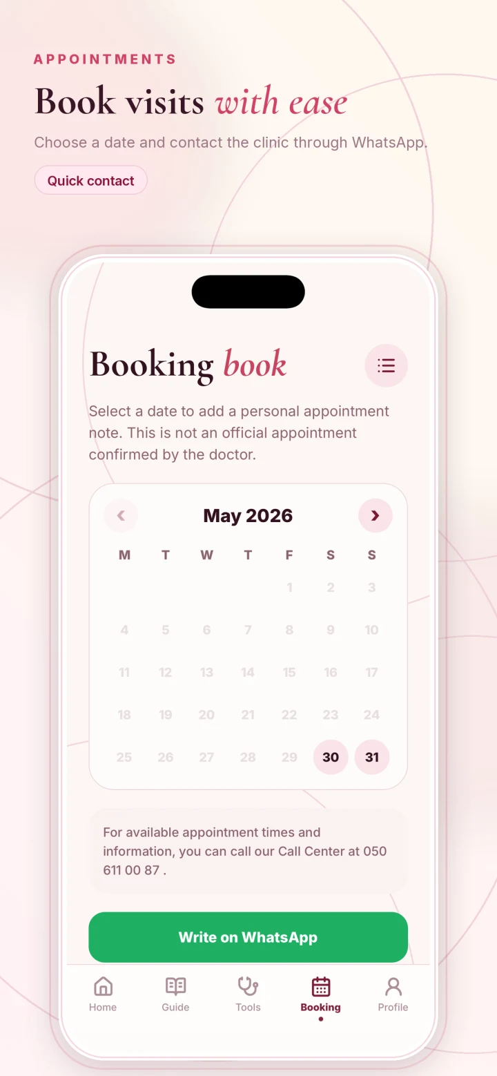 Aftalekalender og WhatsApp-knap i Dr. Irana Gorchiyevas app