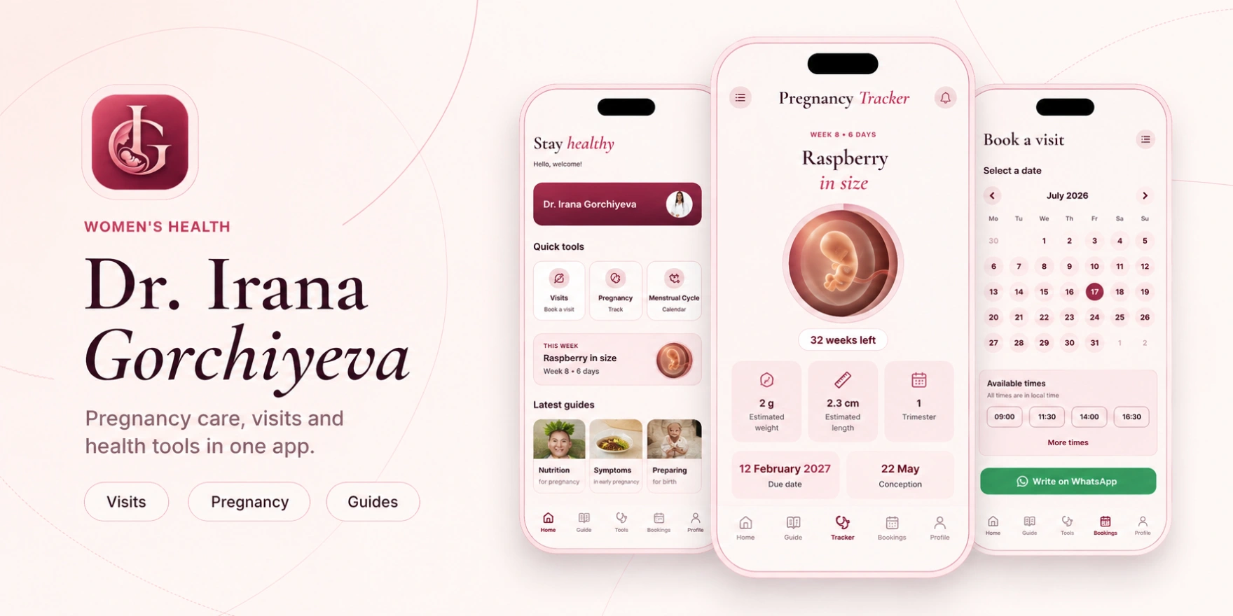 Præsentation af Dr. Irana Gorchiyevas app med startskærm, graviditetsoverblik og aftalekalender