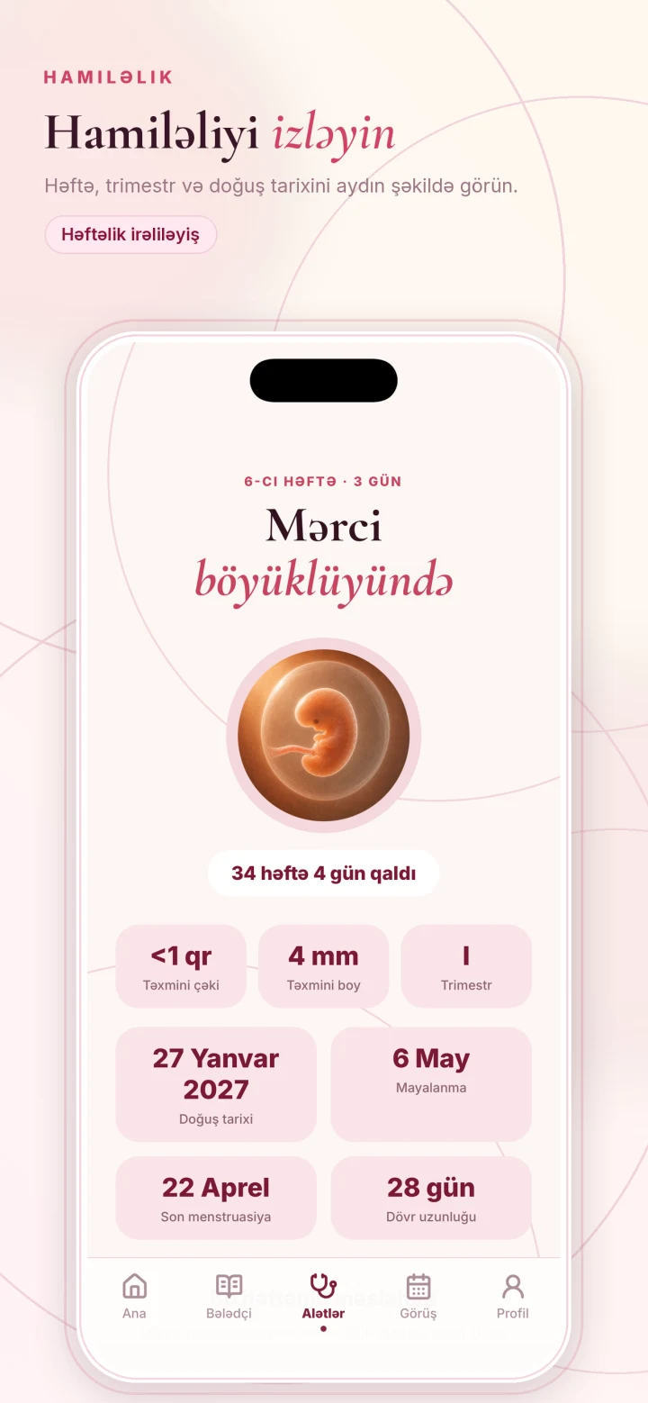 Tətbiqdə hamiləlik həftəsi, trimestr və təxmini doğuş tarixinin göstərilməsi