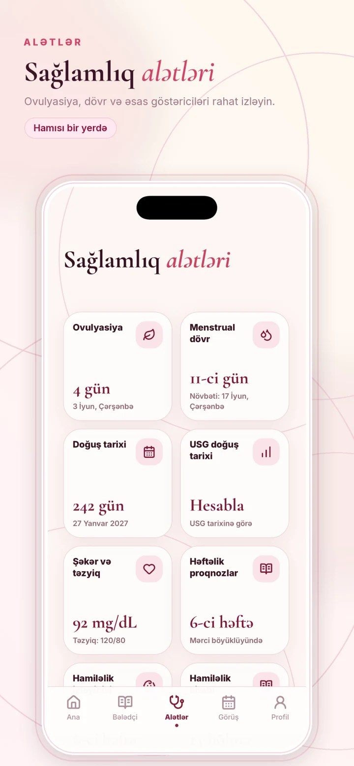 Ovulyasiya, menstrual dövr, doğuş tarixi, qan şəkəri və təzyiq alətlərinin ekranı